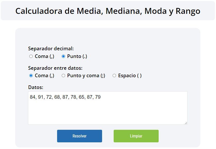 calculadora de media, mediana, moda y rango