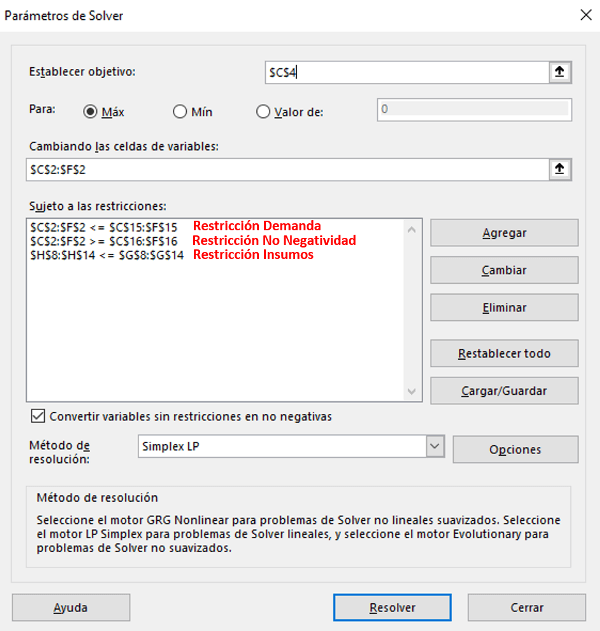 solver restricciones excel